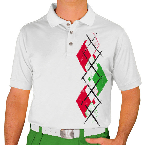 Golf Knickers: Men's Argyle Paradise Golf Shirt - White/Lime/Red