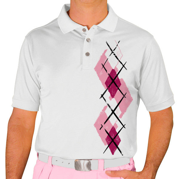 Golf Knickers: Men's Argyle Paradise Golf Shirt - Pink/Maroon/White