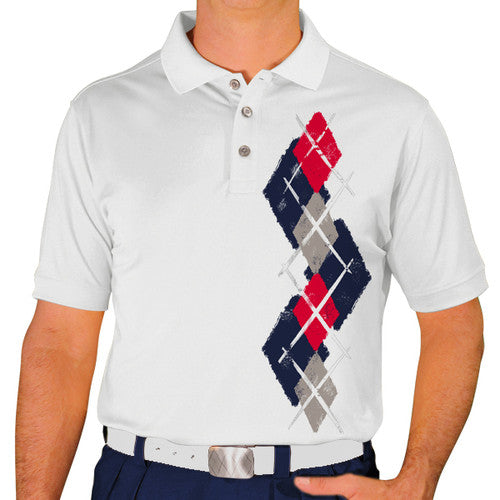 Golf Knickers: Men's Argyle Paradise Golf Shirt - Navy/Taupe/Red