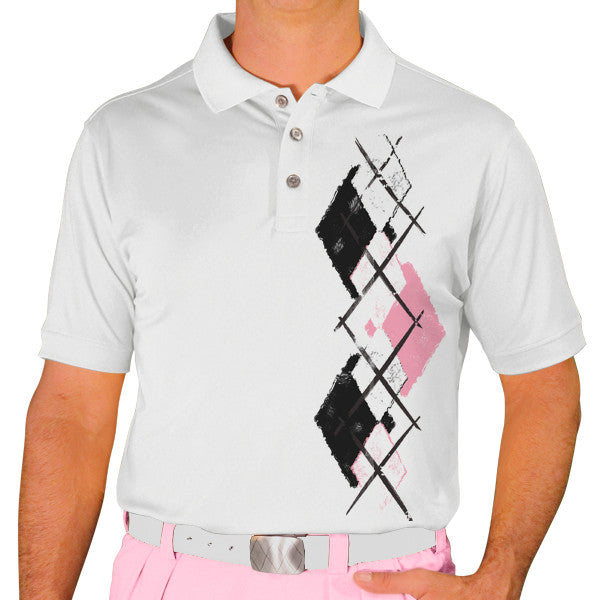 Golf Knickers: Men's Argyle Paradise Golf Shirt - White/Pink/Black