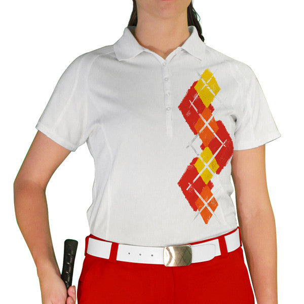 Golf Knickers: Ladies Argyle Paradise Golf Shirt - Red/Orange/Yellow