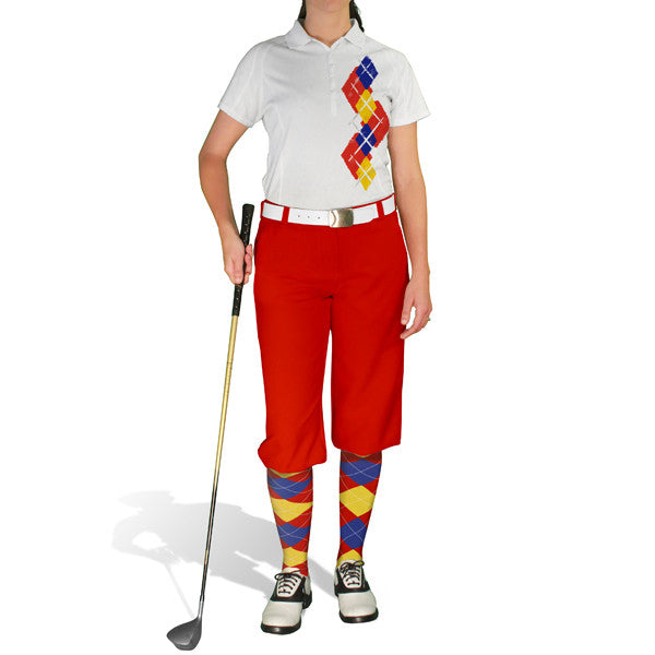 Golf Knickers: Ladies Argyle Paradise Golf Shirt - Red/Yellow/Royal