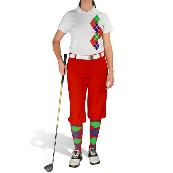 Golf Knickers: Ladies Argyle Paradise Golf Shirt - Red/Purple/Lime