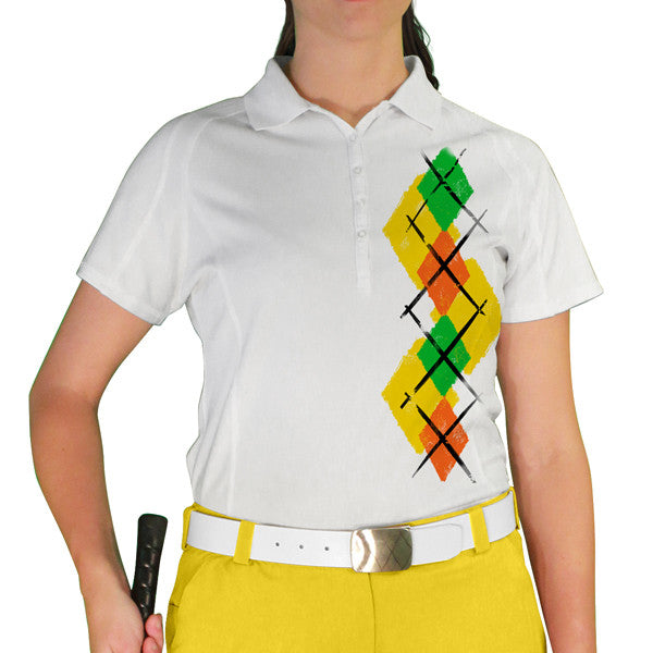 Golf Knickers: Ladies Argyle Paradise Golf Shirt - Yellow/Orange/Lime