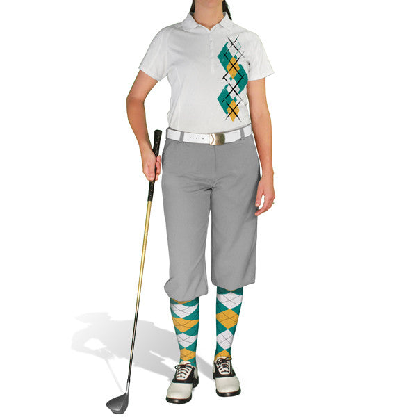 Golf Knickers: Ladies Argyle Paradise Golf Shirt - Teal/Bronze/White