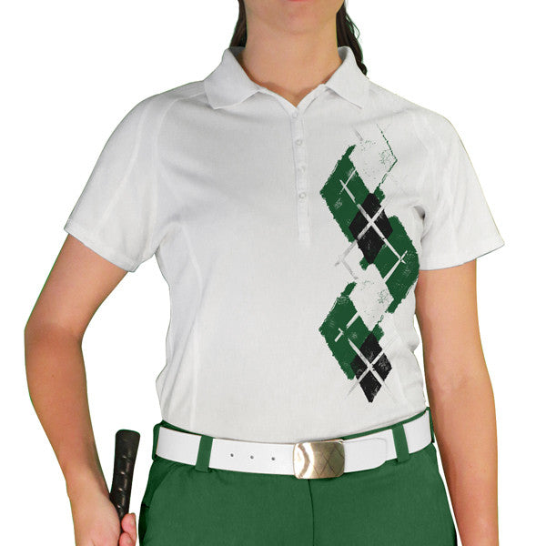 Golf Knickers: Ladies Argyle Paradise Golf Shirt - Dark Green/Black/White