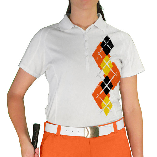 Golf Knickers: Ladies Argyle Paradise Golf Shirt - Orange/Yellow/Black