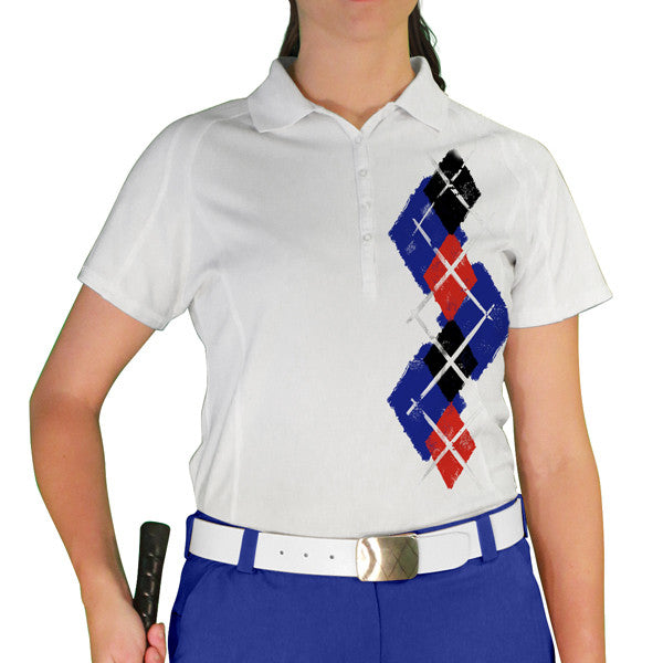 Golf Knickers: Ladies Argyle Paradise Golf Shirt - Royal/Red/Black
