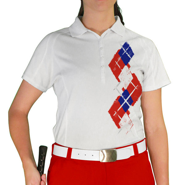 Golf Knickers: Ladies Argyle Paradise Golf Shirt - Red/White/Royal