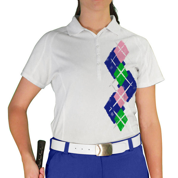 Golf Knickers: Ladies Argyle Paradise Golf Shirt - Royal/Lime/Pink