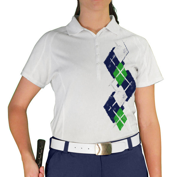 Golf Knickers: Ladies Argyle Paradise Golf Shirt - Navy/Lime/White