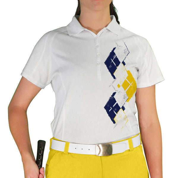 Golf Knickers: Ladies Argyle Paradise Golf Shirt - White/Yellow/Navy