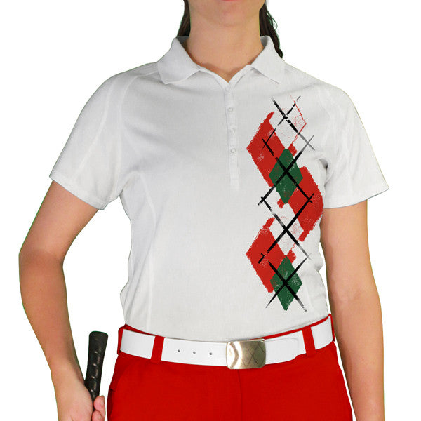 Golf Knickers: Ladies Argyle Paradise Golf Shirt - Red/Dark Green/White