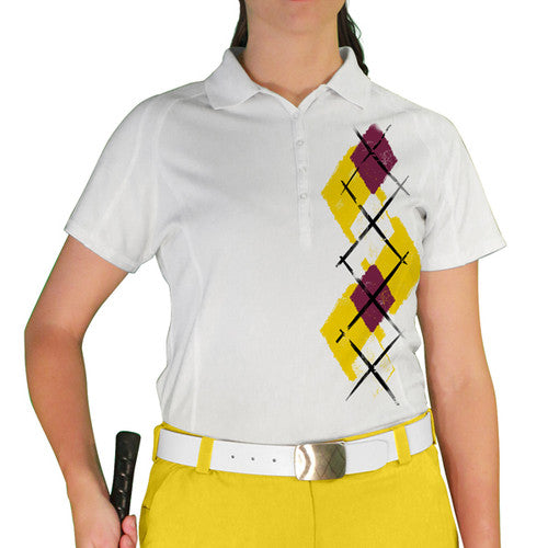 Golf Knickers: Ladies Argyle Paradise Golf Shirt - Yellow/Maroon/White