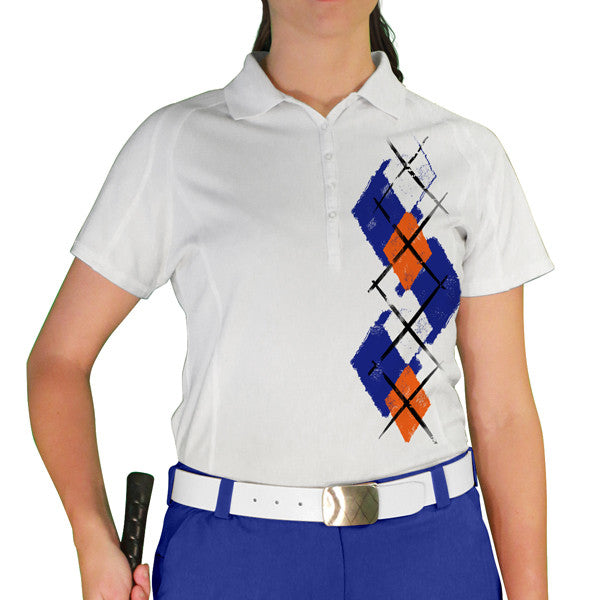 Golf Knickers: Ladies Argyle Paradise Golf Shirt - Royal/White/Orange