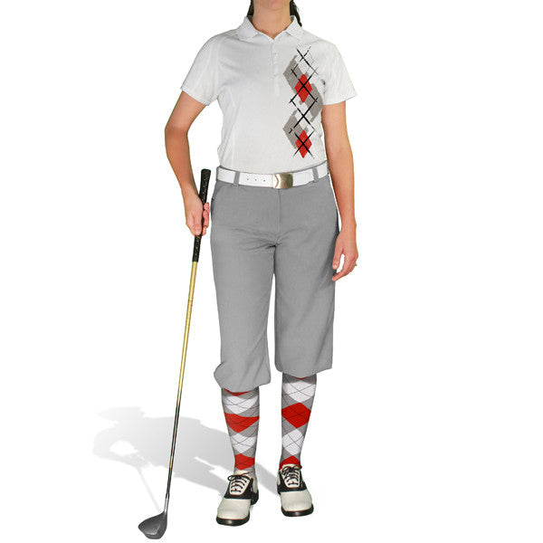 Golf Knickers: Ladies Argyle Paradise Golf Shirt - Taupe/Red/White
