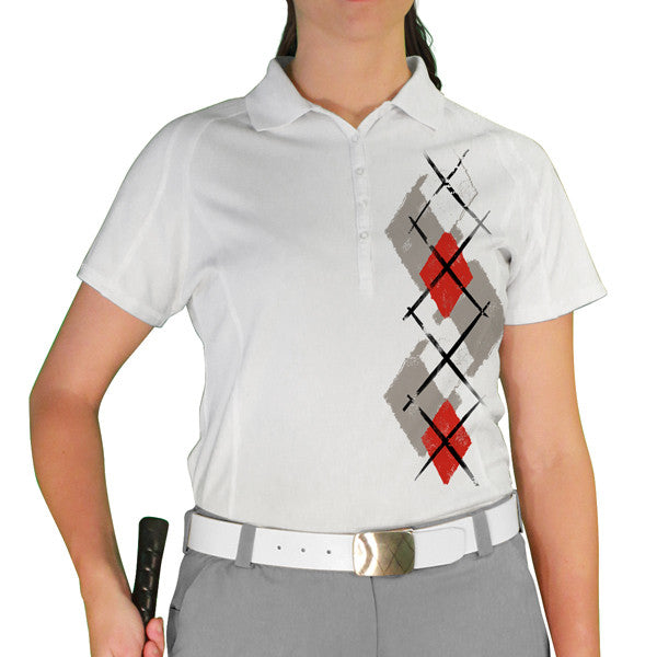 Golf Knickers: Ladies Argyle Paradise Golf Shirt - Taupe/Red/White