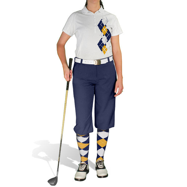 Golf Knickers: Ladies Argyle Paradise Golf Shirt - Navy/White/Gold