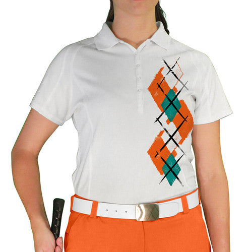 Golf Knickers: Ladies Argyle Paradise Golf Shirt - Orange/White/Teal