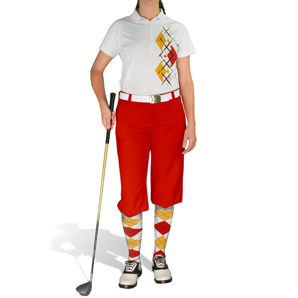 Golf Knickers: Ladies Argyle Paradise Golf Shirt - White/Gold/Red