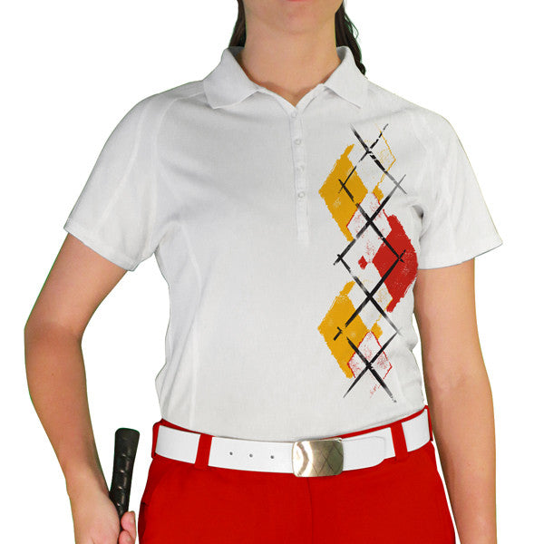 Golf Knickers: Ladies Argyle Paradise Golf Shirt - White/Gold/Red