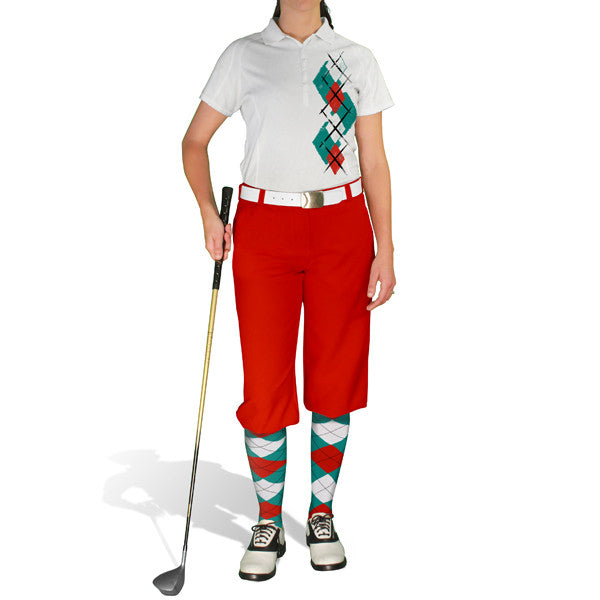 Golf Knickers: Ladies Argyle Paradise Golf Shirt - Teal/White/Red