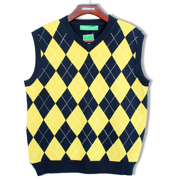 Golf Knickers: Men's Argyle Sweater Vest - Navy/Yellow