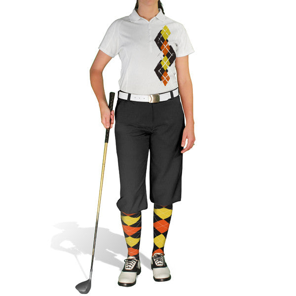 Golf Knickers: Ladies Argyle Paradise Golf Shirt - Black/Orange/Yellow