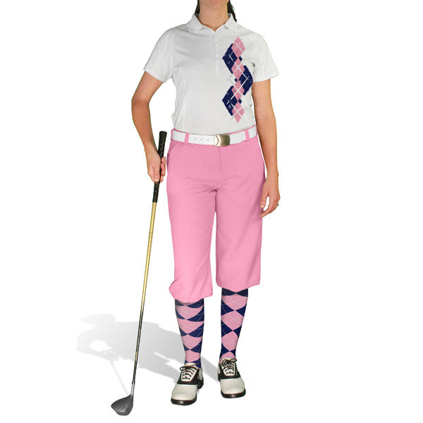 Golf Knickers: Ladies Argyle Paradise Golf Shirt - Navy/Pink