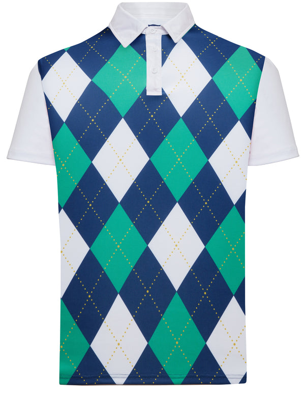 Classic Argyle Mens Golf Polo Shirt - Navy Blue, Green & White by ReadyGOLF