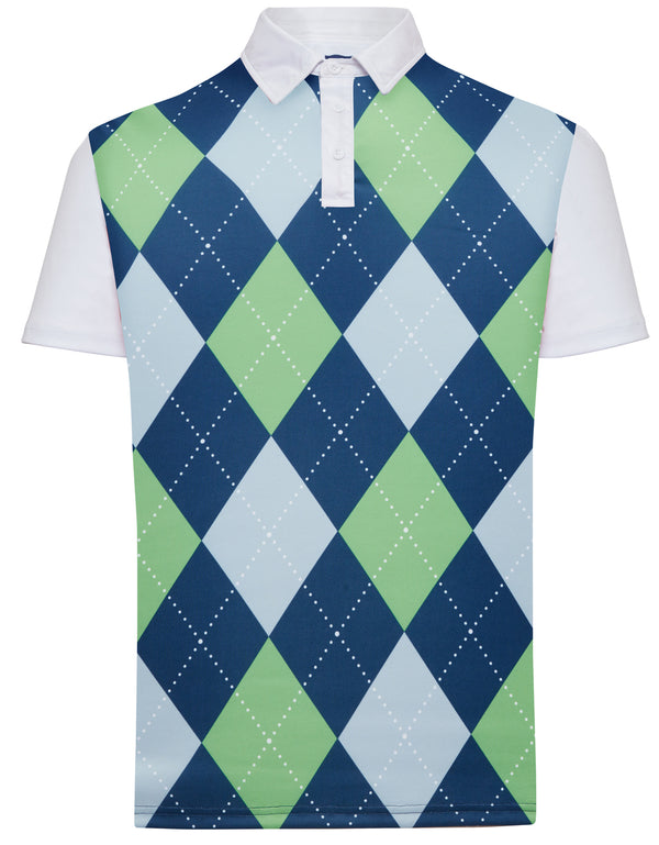 Classic Argyle Mens Golf Polo Shirt - Blue, Lime Green & Grey by ReadyGOLF