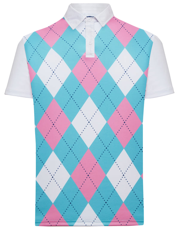 Classic Argyle Mens Golf Polo Shirt - Pink, Light Blue & White by ReadyGOLF
