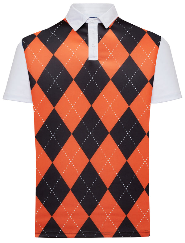 Classic Argyle Mens Golf Polo Shirt - Orange & Black by ReadyGOLF