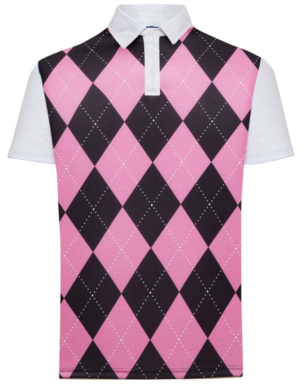 Classic Argyle Mens Golf Polo Shirt - Pink & Black by ReadyGOLF