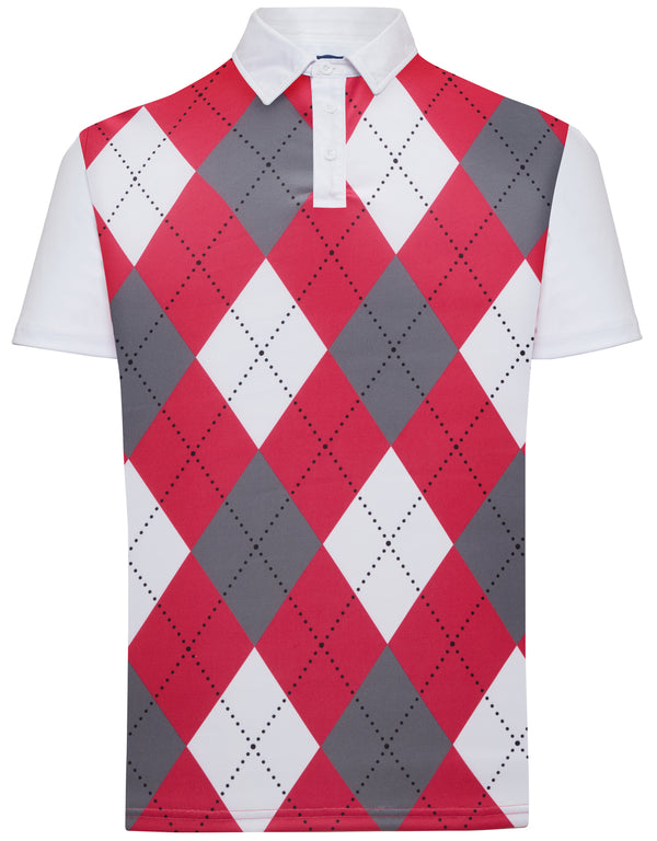 Classic Argyle Mens Golf Polo Shirt - Scarlet Red, Grey & White by ReadyGOLF