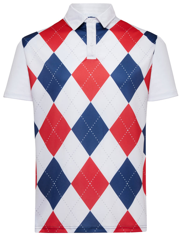 Classic Argyle Mens Golf Polo Shirt - Red, White & Blue by ReadyGOLF