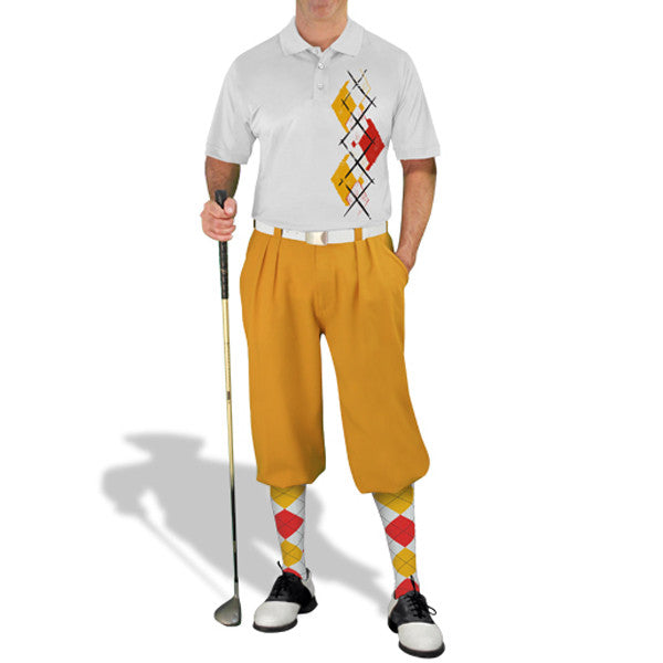 Golf Knickers: Men's Argyle Paradise Golf Shirt - White/Gold/Red