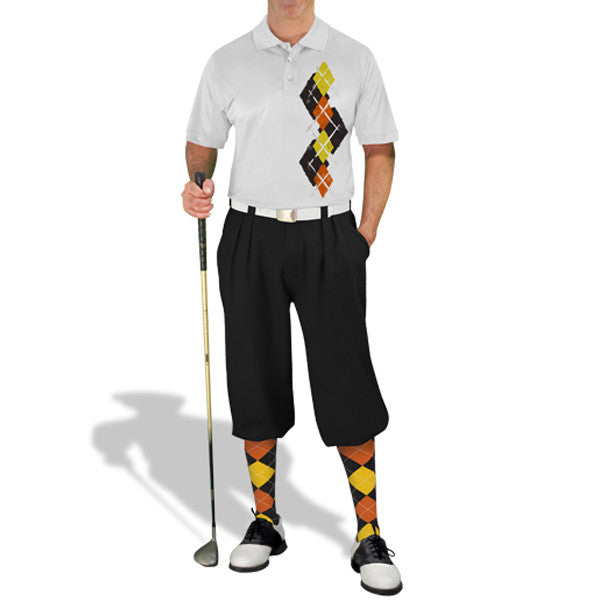 Golf Knickers: Men's Argyle Paradise Golf Shirt - Black/Orange/Yellow