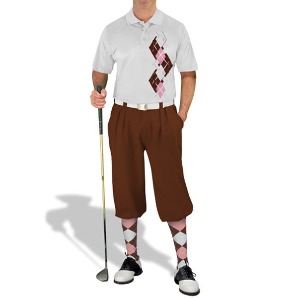 Golf Knickers: Men's Argyle Paradise Golf Shirt - Brown/Pink/White