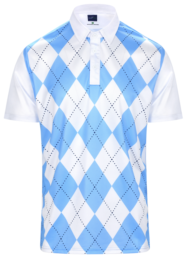 Classic Argyle Sky Blue & White Mens Golf Polo Shirt by ReadyGOLF