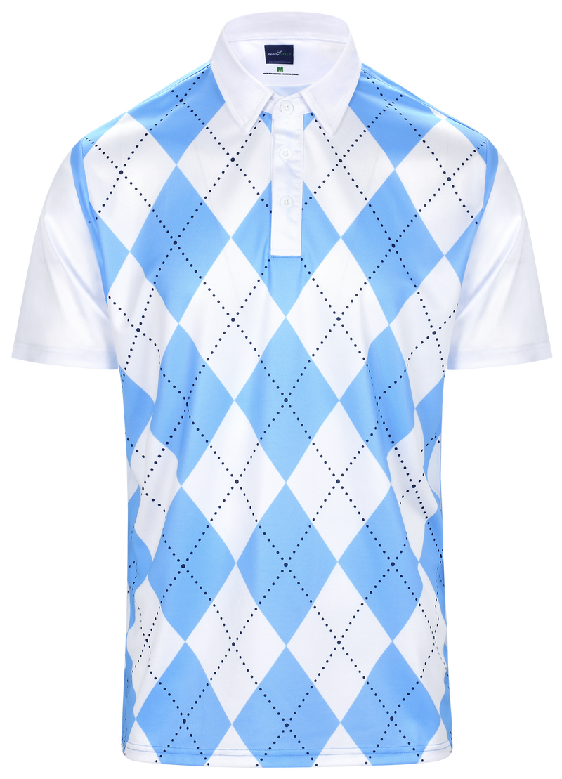 Classic Argyle Sky Blue & White Mens Golf Polo Shirt by ReadyGOLF