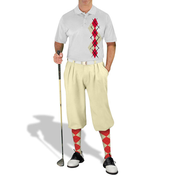 Golf Knickers: Men's Argyle Paradise Golf Shirt - Natural/Red
