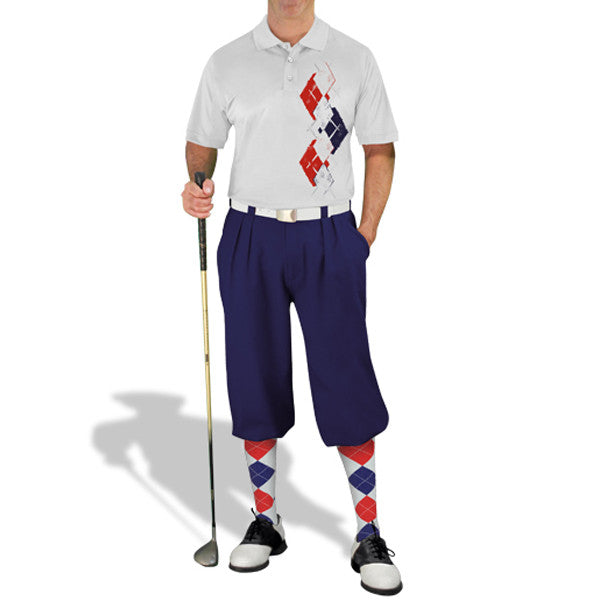 Golf Knickers: Men's Argyle Paradise Golf Shirt - White/Navy/Red