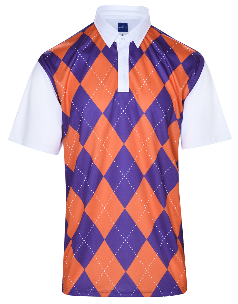 Classic Argyle Mens Golf Polo Shirt - Purple & Orange by ReadyGOLF