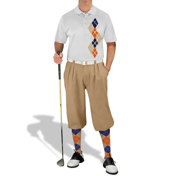 Golf Knickers: Men's Argyle Paradise Golf Shirt - Khaki/Orange/Navy