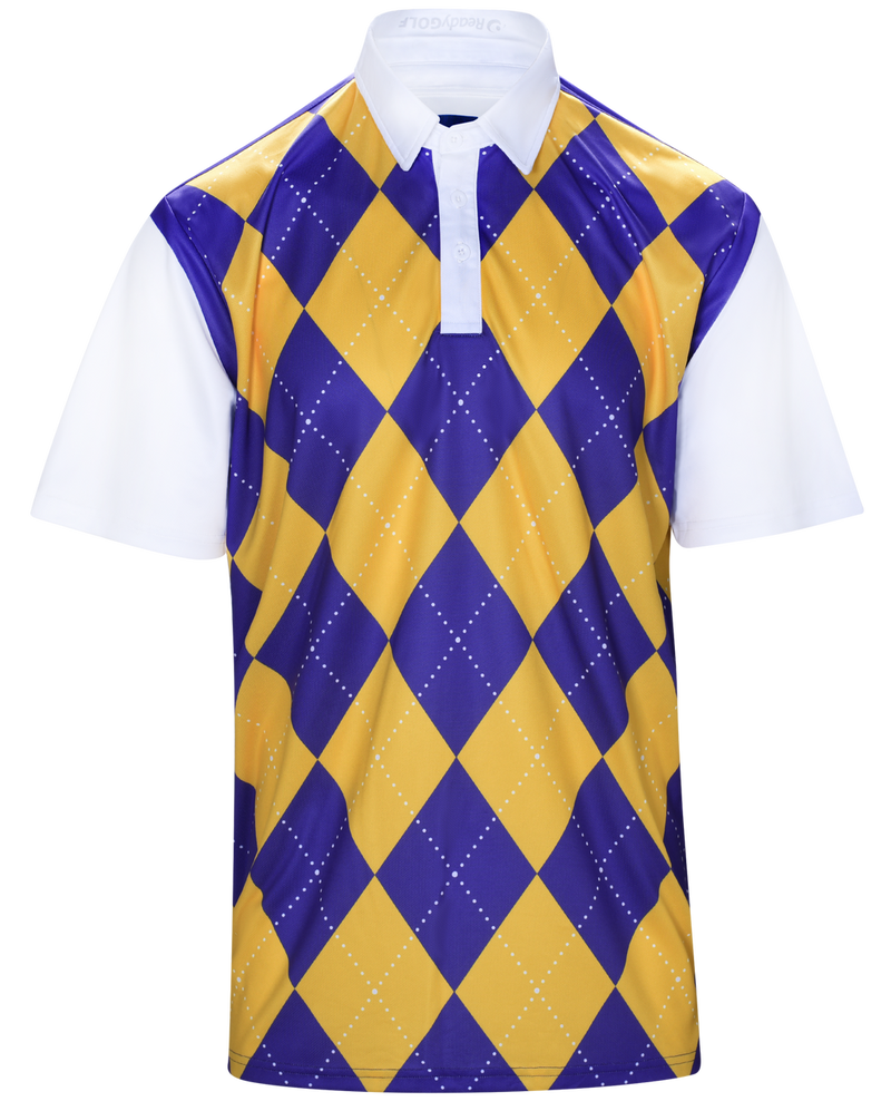 Classic Argyle Mens Golf Polo Shirt - Purple & Gold by ReadyGOLF