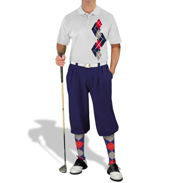 Golf Knickers: Men's Argyle Paradise Golf Shirt - Navy/Taupe/Red