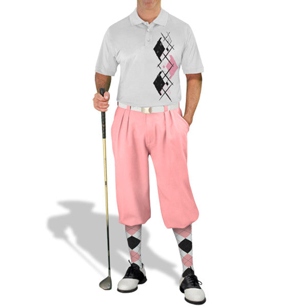 Golf Knickers: Men's Argyle Paradise Golf Shirt - White/Pink/Black