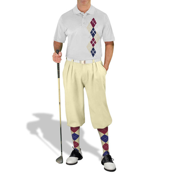 Golf Knickers: Men's Argyle Paradise Golf Shirt - Natural/Navy/Maroon