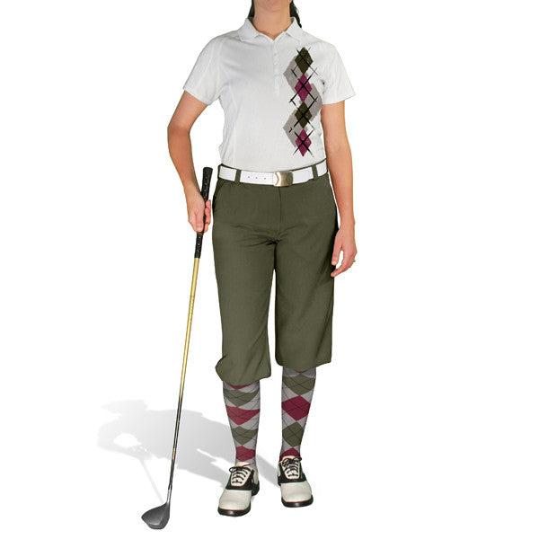 Golf Knickers: Ladies Argyle Paradise Golf Shirt - Taupe/Maroon/Olive